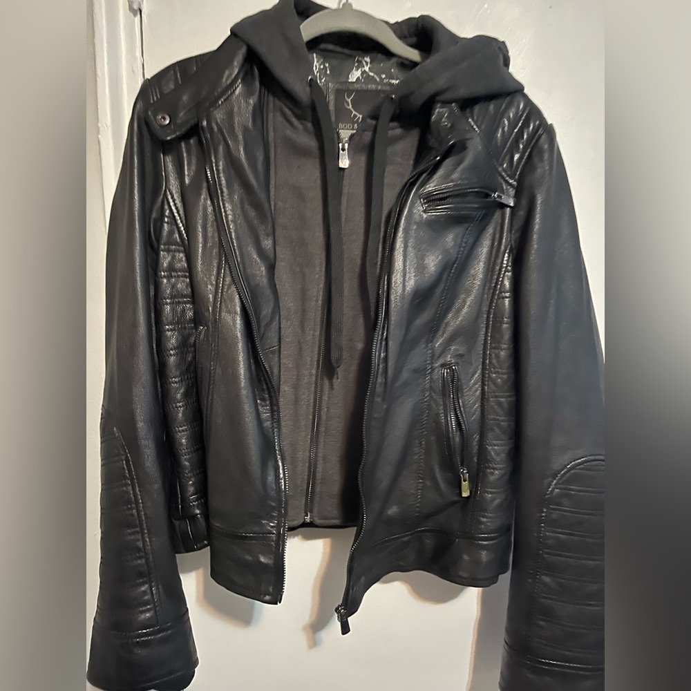 BOD & CHRISTENSEN Black Leather Jacket with charcoal grey detachable hoodie